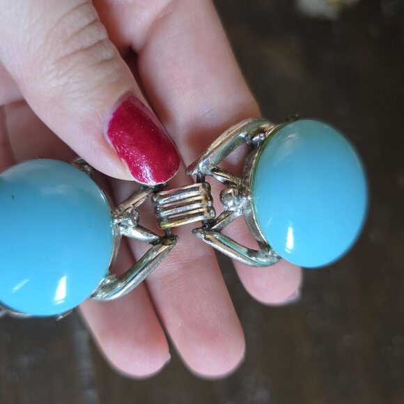 Vintage Plastic Link Bracelet Blue Silver Tone Mod Retro Chunky MCM 8" - Picture 4 of 5
